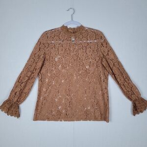 Brown Floral Lace Long Sleeve Blouse Ruffle Neckline & Cuffs